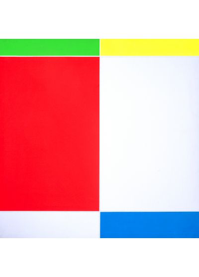 Serie Desarrollo Cromático de C.E.L, Imagen fragmentada/integrada 90º, orden axiomático. 1.2.3, proposición global 1.3.3.5.7. 90º Módulo 3x2,1.3.4.5.7.90º rectángulo rojo izquierda. 2000