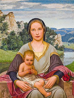 On a hill seated, young mother with her child on her lap (Mary holding the baby Jesus)