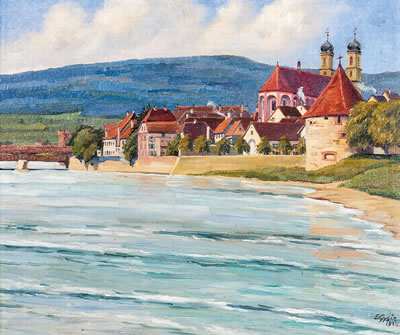 Blick über das Rheinufer auf Säckingen und die Kirche by Emil Gysin - Auction record, sale price, and art valuation. Compare with similar artists and explore comparable artworks.