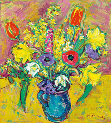 Blumenstillleben. In blauer Henkelvase prächtiger Frühlingsstrauß mit Tulpen und Narzissen by Hermann Sauter - Auction record, sale price, and art valuation. Compare with similar artists and explore comparable artworks.