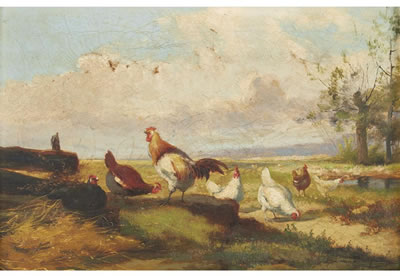 ROOSTERS AND DUCKS IN A FARMYARD; AND A COMPANION