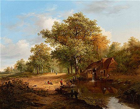 Summer landscape with figures near a watermill
