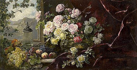Stillleben mit Rosenbouquet und Glaskrug, im Hintergrund Blick in die Landschaft by Franz Xaver Birkinger - Auction record, sale price, and art valuation. Compare with similar artists and explore comparable artworks.