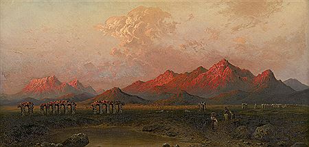 Abendstimmung über der römischen Campagna mit Ruinen der Aqua Claudia, im Hintergrund der Monte Genaro