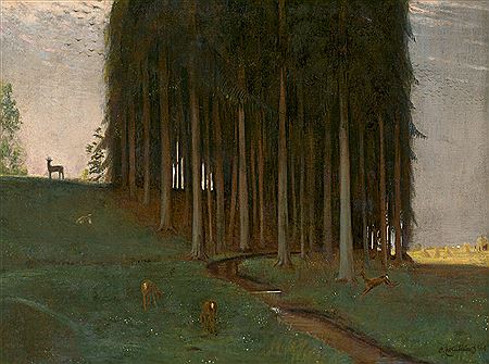 "Herbstlandschaft": Landschaft mit Tannenwäldchen und Rehen