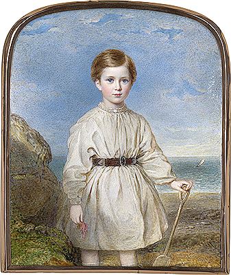 Paar Kinderminiaturen: George Charles Herbert (1862-1952), später 4. Earl of Powis, in Meereslandschaft stehend und eine Krabbe und einen Spaten haltend, und seine Schwester Magdalen Lucy Herbert (1864-1957) in Landschaft sitzend und einen Vogel haltend