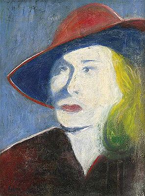 Frau mit rotem Hut und gelben Haaren
