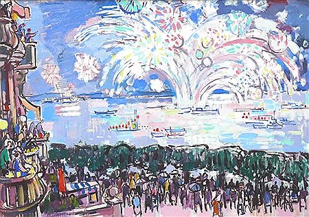 "Seenachtsfest in Konstanz"; Blick von der Seestraße auf die Konstanzer Bucht; vielfigurige Szenerie