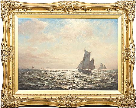 Fishing Smacks at Sea with steamers and other shipping on the horizon