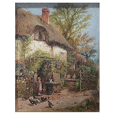Thatched Cottage, with a child by the door