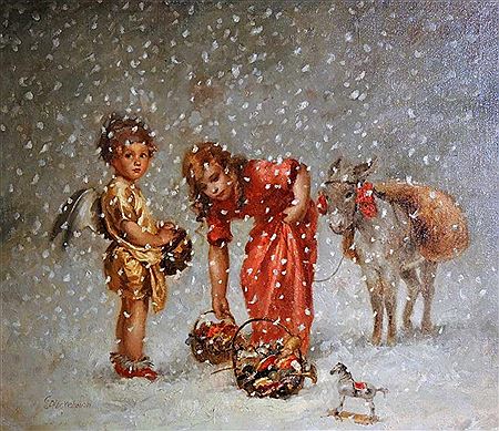 Kinder im dichten Schnee mit Esel