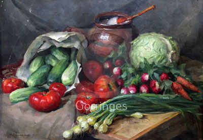 Still life of vegetables on a table top by Nickolai Pavlovich Kalmykov - Auction record, sale price, and art valuation. Compare with similar artists and explore comparable artworks.