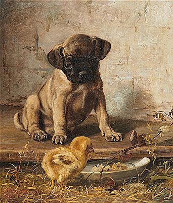 Pug and Chick at Meal Time 1885