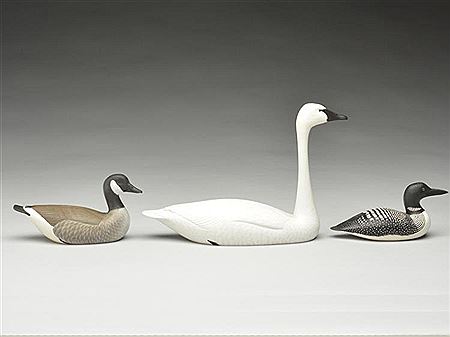 Three 1/4 size decoys--swan, Canada goose and loon