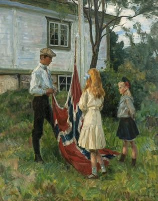 Children raising the Norwegian flag 1910