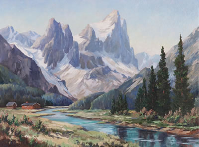 CABIN IN A ROCKY MOUNTAIN LANDSCAPE