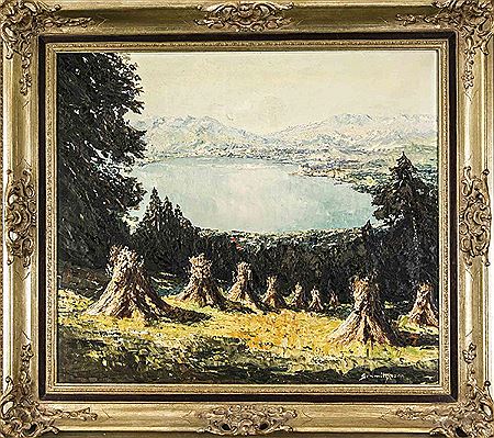 Voralpenlandschaft mit Kornhocken und Blick auf einen See im Stil von Otto Pippel