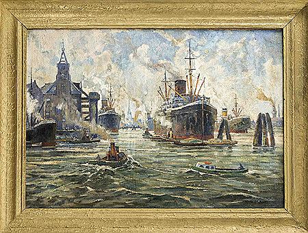 Landscape painter from Magdeburg, large view of the Hamburg harbor by Max Richter - Auction record, sale price, and art valuation. Compare with similar artists and explore comparable artworks.