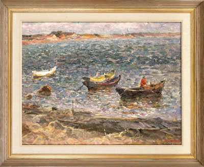 Impressionistic coastline in the evening with fishing boats by Vladimir Sokolov - Auction record, sale price, and art valuation. Compare with similar artists and explore comparable artworks.