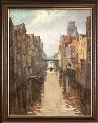 Blick in eine niederländische Gracht mit einsamem Ruderer