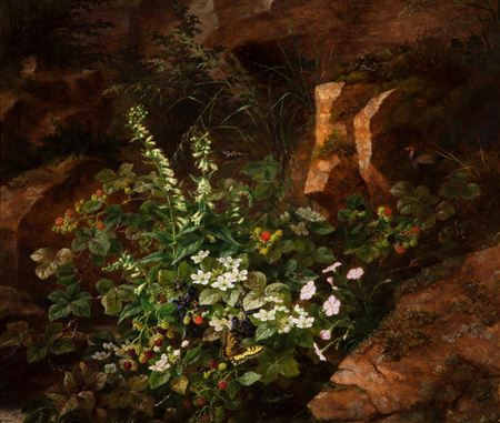 Wild Flowers and Berries by a Woodland Path