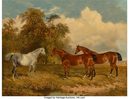 Two bay horses and a dappled grey in a field with trees on the left