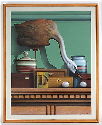 A still life scene of a duck decoy and other household items