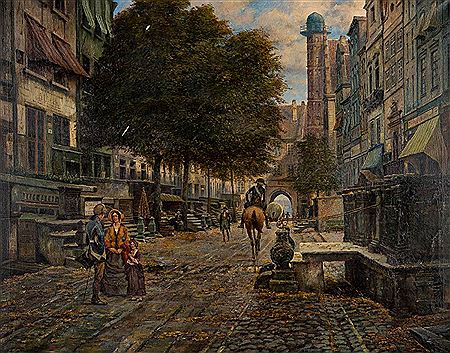 View of the 'Frauengasse' at Gdansk facing the 'Frauentor' by Theodor Lindner - Auction record, sale price, and art valuation. Compare with similar artists and explore comparable artworks.