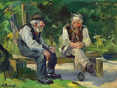 Two Old Men Talking on the Bench in the Garden by Wilhelm Runze - Auction record, sale price, and art valuation. Compare with similar artists and explore comparable artworks.