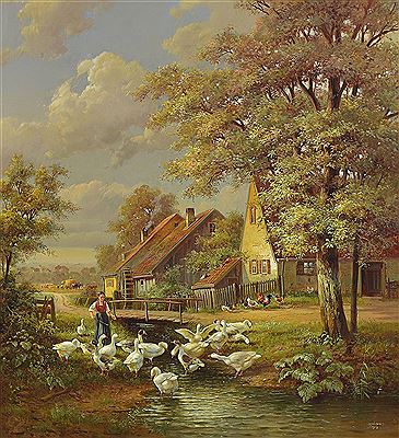Bauernhof mit Magd und Gänsen