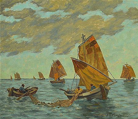 Fishing boats on a calm lake
