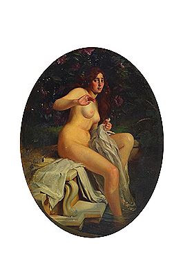 Surprised female nude bathing