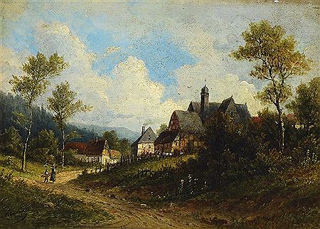 Village View with Persons in Slightly Hilly Landscape