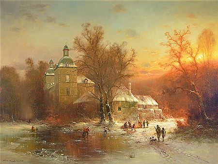 "Hugenpoet Castle", view of the castle, skaters in the foreground, returning hunters and men by the fire, sunset