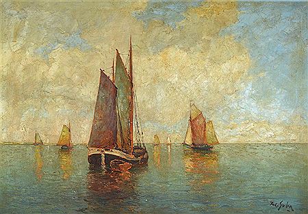 Light ruffled sea with sailing ships by Rudolph Guba - Auction record, sale price, and art valuation. Compare with similar artists and explore comparable artworks.