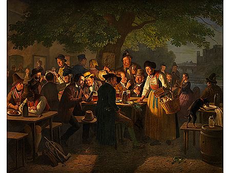 NIGHT BIERGARTEN SCENE WITH OLD RADISH VENDOR by Moritz Muller - Auction record, sale price, and art valuation. Compare with similar artists and explore comparable artworks.