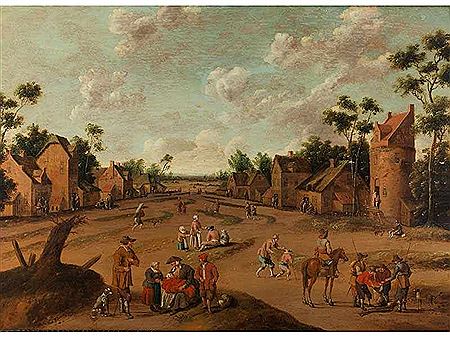 VILLAGE GREEN WITH FIGURE STAFFAGE