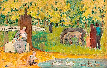 Après-midi à la campagne, femme, enfants, cygnes et chevaux dans un paysage