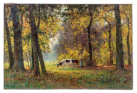 Paysanne et 2 vaches dans le sous bois