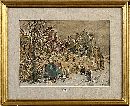"Coin de ville animé sous la neige"