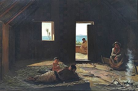 Interior of a Whare [with Lake Taupo Beyond]