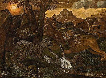Lion and leopard hunting down a sheep, 1640s