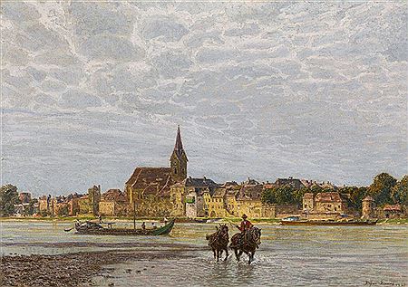 Horse-drawn boat, Danube river near Ybbs, 1900