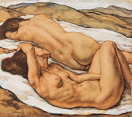 Two nudes in a landscape, 1919 by Karl Sterrer - Auction record, sale price, and art valuation. Compare with similar artists and explore comparable artworks.