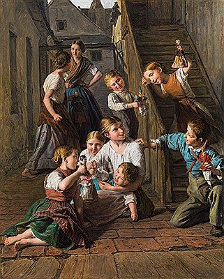 Children playing with dolls, 1864