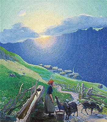 Shepherdess with herd at the Alps during the sunrise, 1908