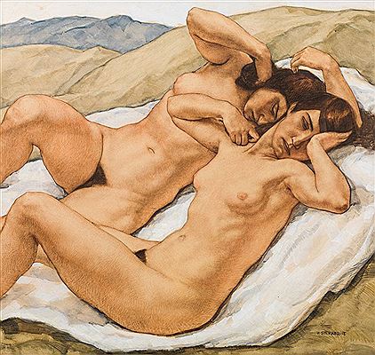 Two female nudes in a landscape, 1918