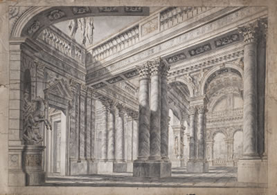 Stage set drawing: Palace courtyard with columns and statues