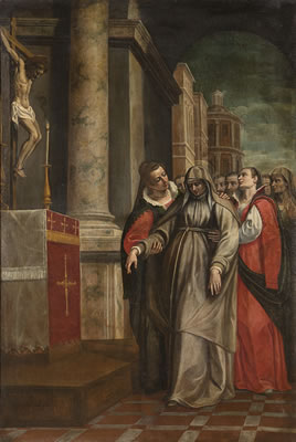 A Franciscan Tertiary accompanied by a procession near a church