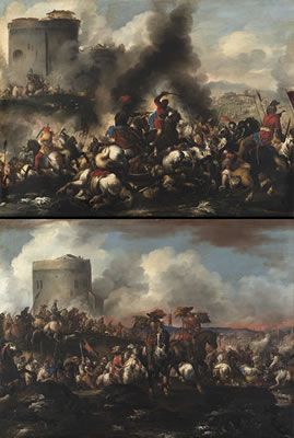 Gathering of knights with trumpeters on horseback and battle near a tower by Antonio Calza - Auction record, sale price, and art valuation. Compare with similar artists and explore comparable artworks.